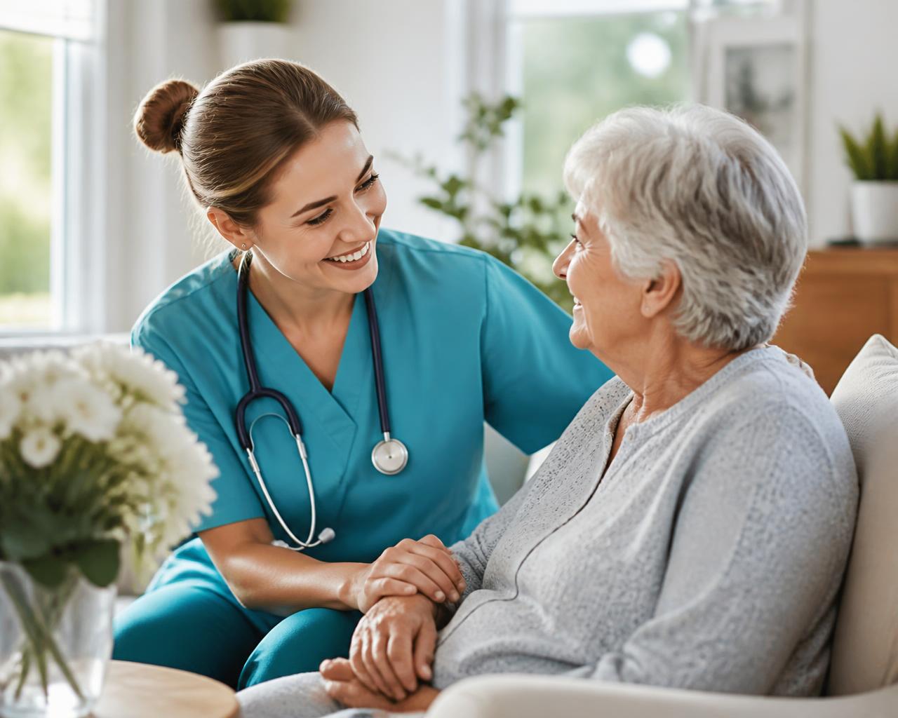 A Recovera nurse caring for a recovering patient at home in bright natural light